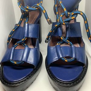 Zara Blue Leather Chunky Heel Sandals
